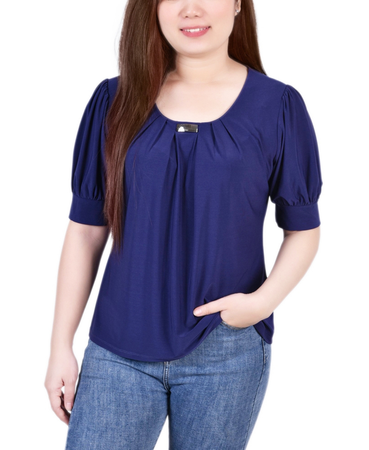 Ny Collection Plus Size Short Sleeve Balloon Sleeve Top With Hardware In Patriot Blue
