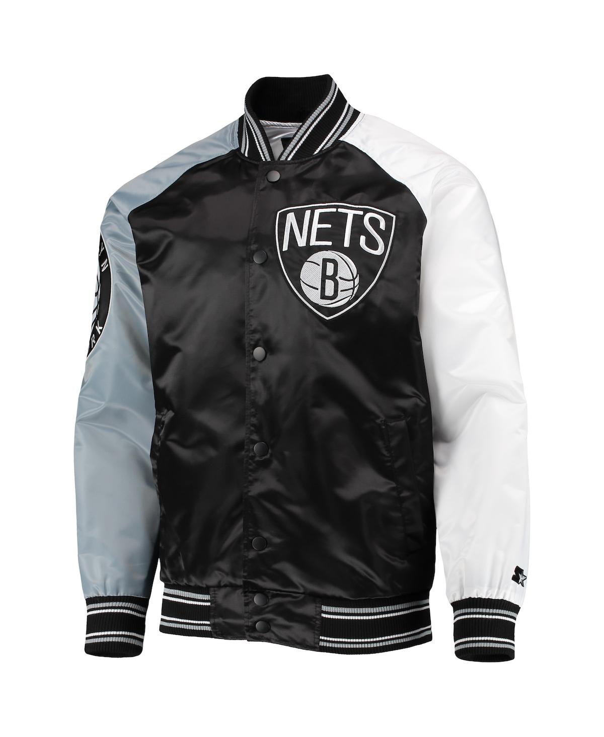 Starter Gray Brooklyn Nets Slider Satin Full-snap Varsity Jacket In Black,gray