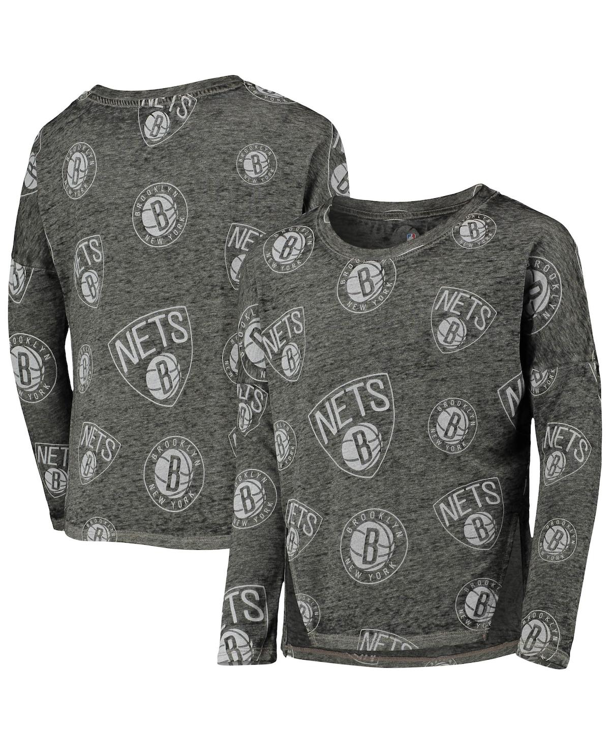 Outerstuff Kids' Big Girls Heathered Black Brooklyn Nets Back In Action Long Sleeve T-shirt