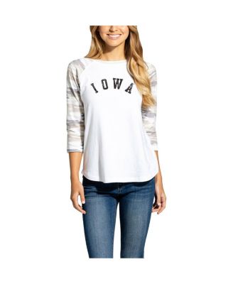 Women's White and Camo Iowa Hawkeyes Boyfriend Baseball Raglan 3/4-Sleeve T-shirt