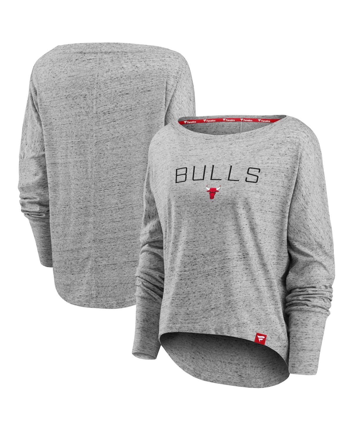Shop Fanatics Women's  Heathered Gray Chicago Bulls Nostalgia Off-the-shoulder Long Sleeve T-shirt