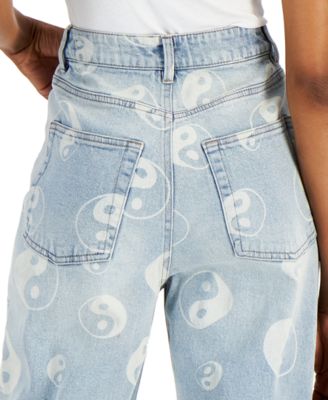 Tinseltown Juniors' Distressed Ying-Yang-Print Mom Jeans
