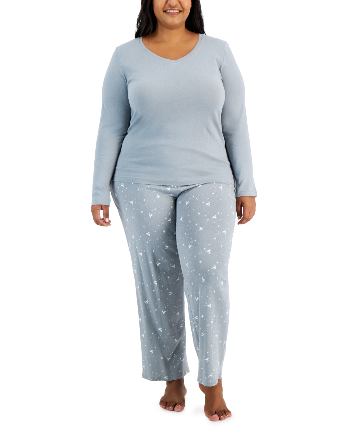 Charter Club Plus Size Long-Sleeve Top & Printed Pants Cotton Pajama Set, Created for Macy's