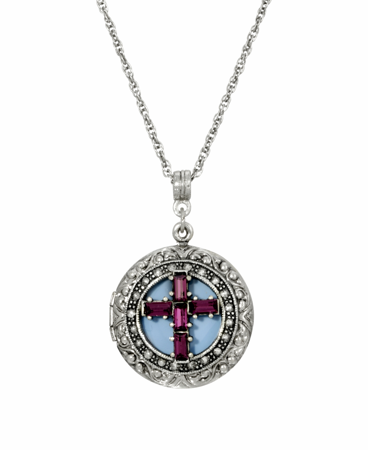 2028 Women's Crystal Cross Locket Necklace In Blue