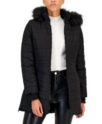 Cozy-Collar Faux-Fur-Hood Puffer Coat 