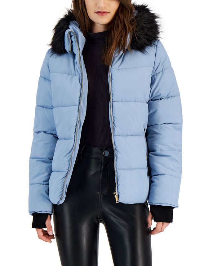 Macys Girls Clothing Jackets Puffer Jackets Juniors Faux-Fur-Trim Hooded Puffer Coat 