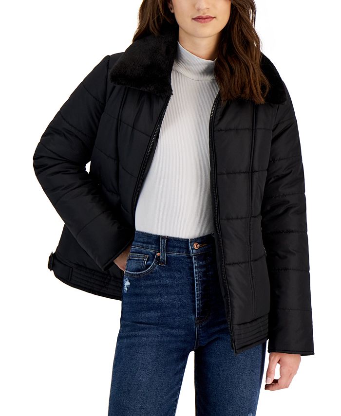 3530248 Green Faux Fur Collar Puffer Coat