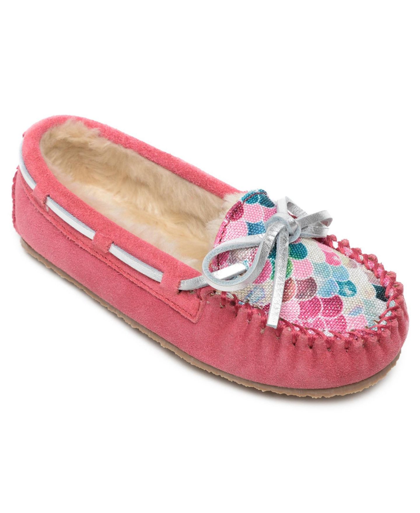 Детские замшевые тапочки Minnetonka Cassie с мехом, размеры 1-13, цвет: Розовый — фото 1