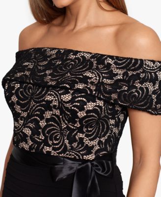 Betsy & Adam Petite Lace-Top Off-The-Shoulder Gown