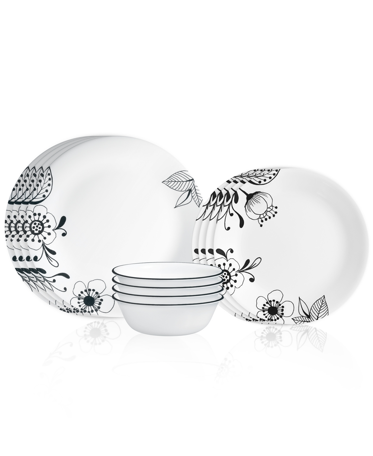 Inked Poppy 12-Piece Dinnerware Set, Service for 4 - White with Black Floral