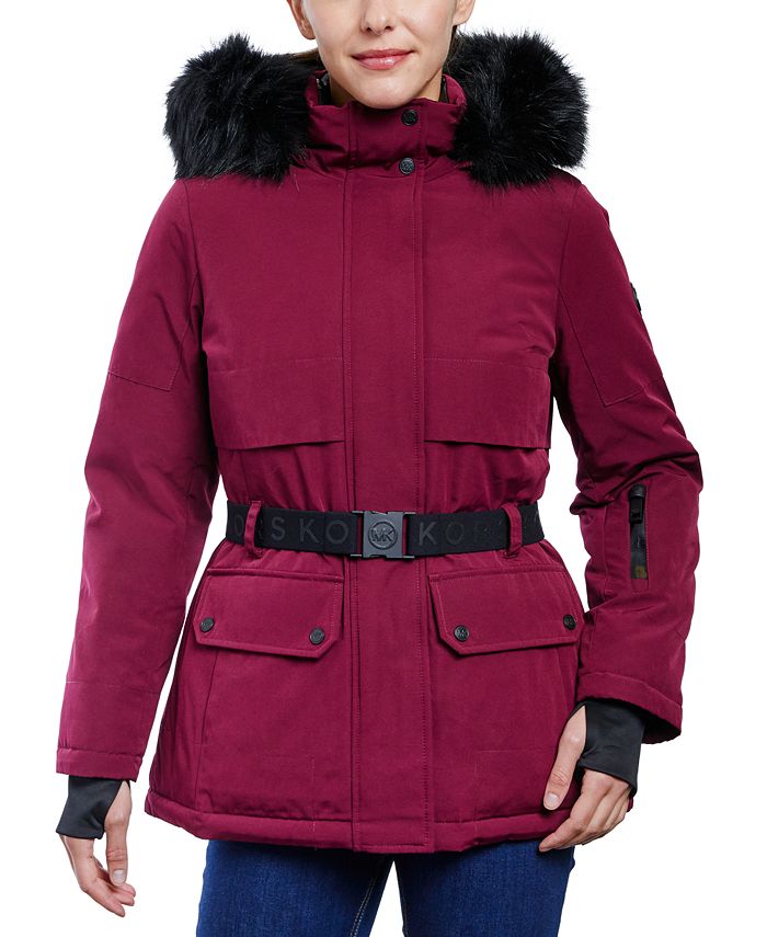 Michael Kors Women's Belted Hooded Faux-Fur-Trim Puffer Coat - Macy's