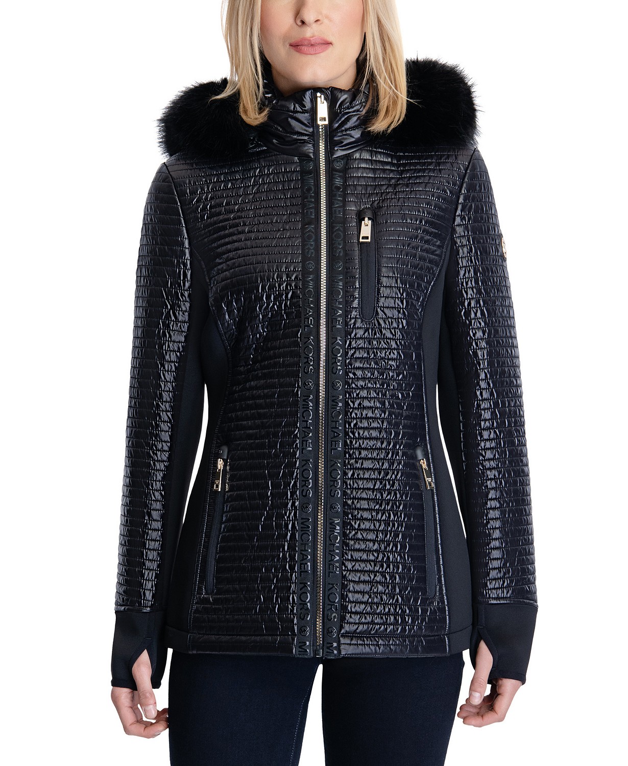 Womens Faux-Fur-Trim Hooded Quilted Coat