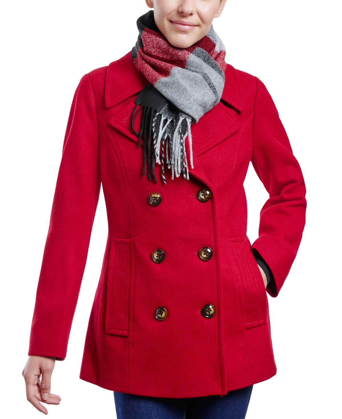 LONDON FOG WOMEN'S PETITE DOUBLE-BREASTED PEACOAT & SCARF