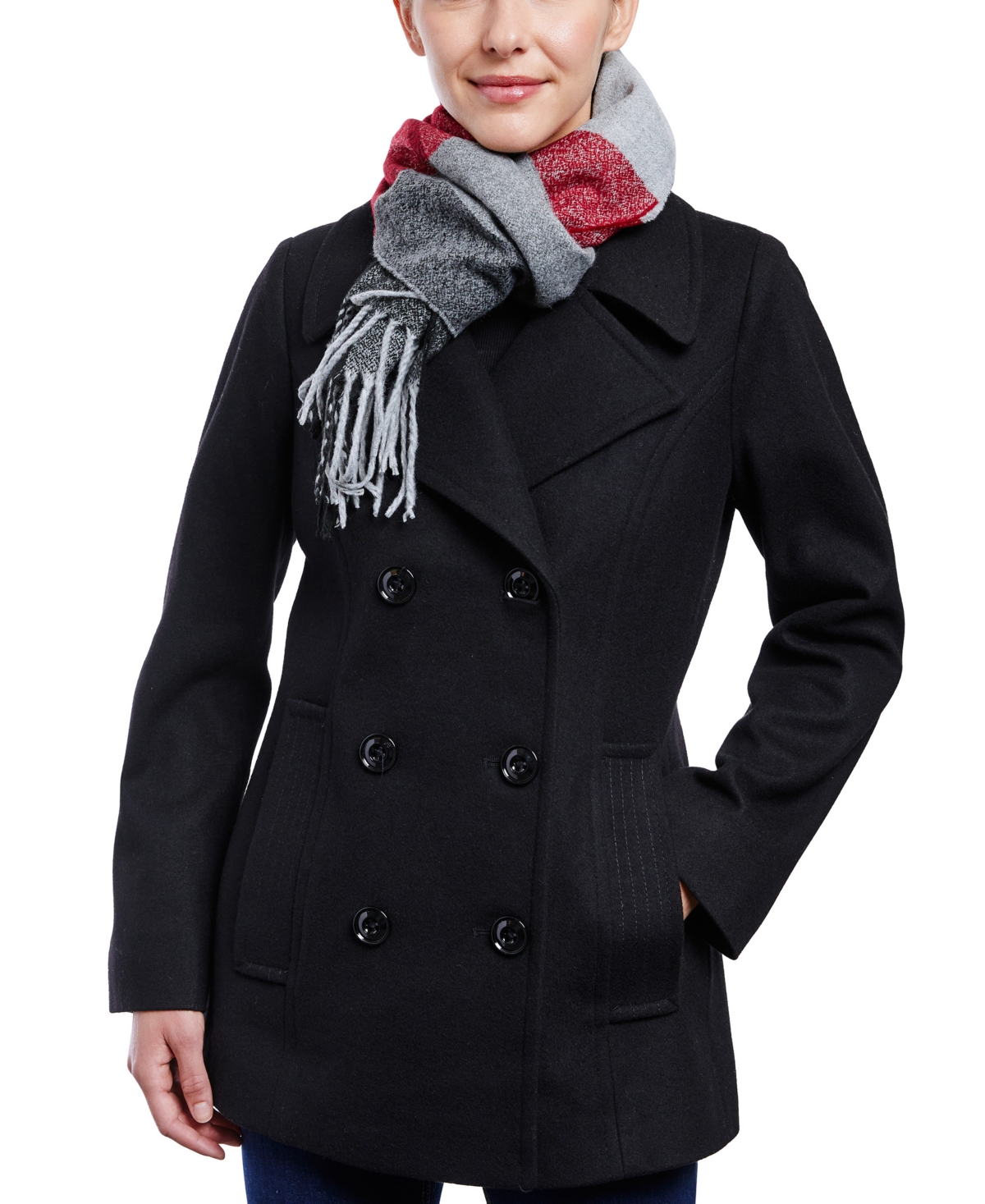 LONDON FOG WOMEN'S PETITE DOUBLE-BREASTED PEACOAT & SCARF