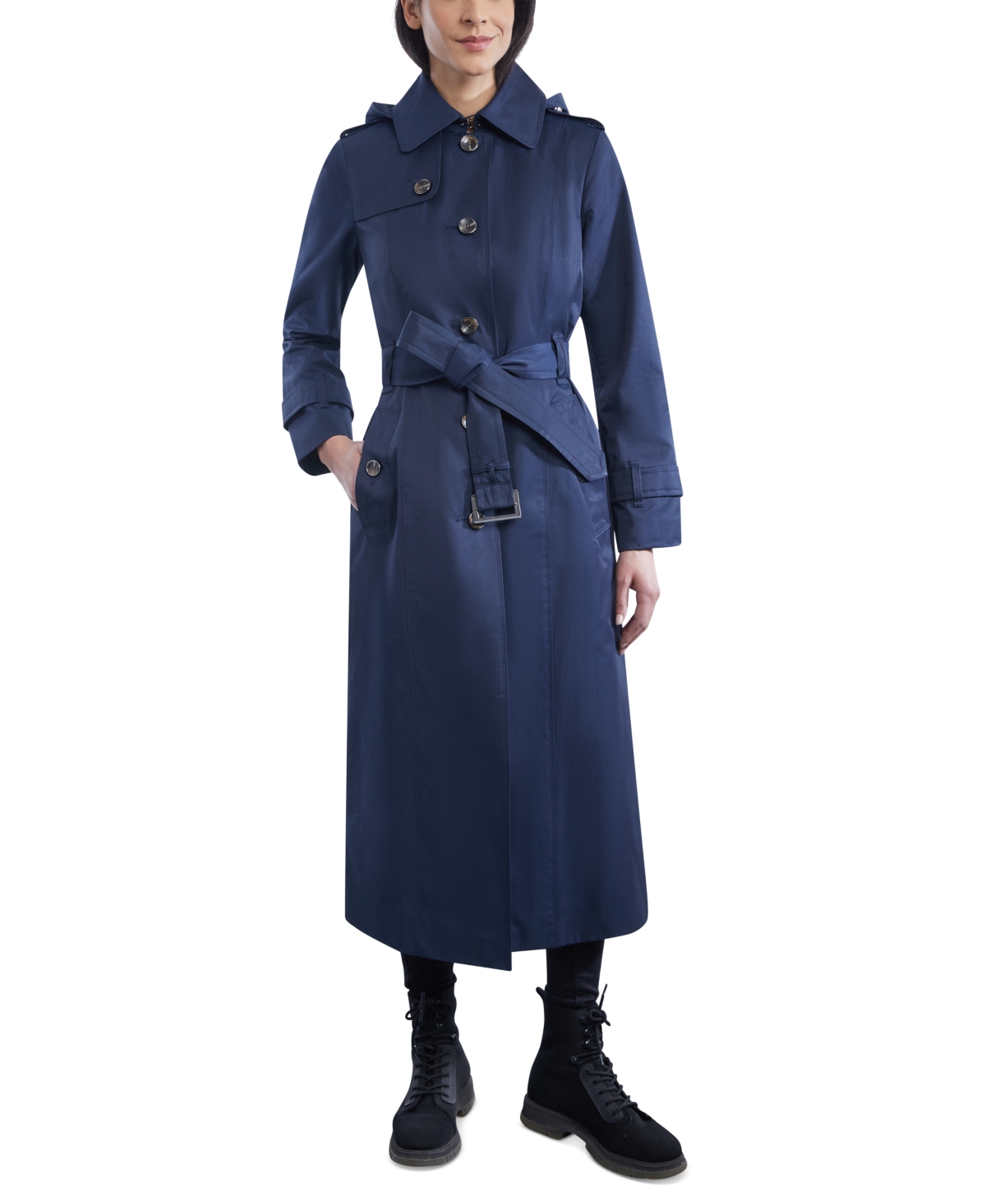 London Fog Petite Hooded Belted Maxi Trench Coat In Midnight Navy
