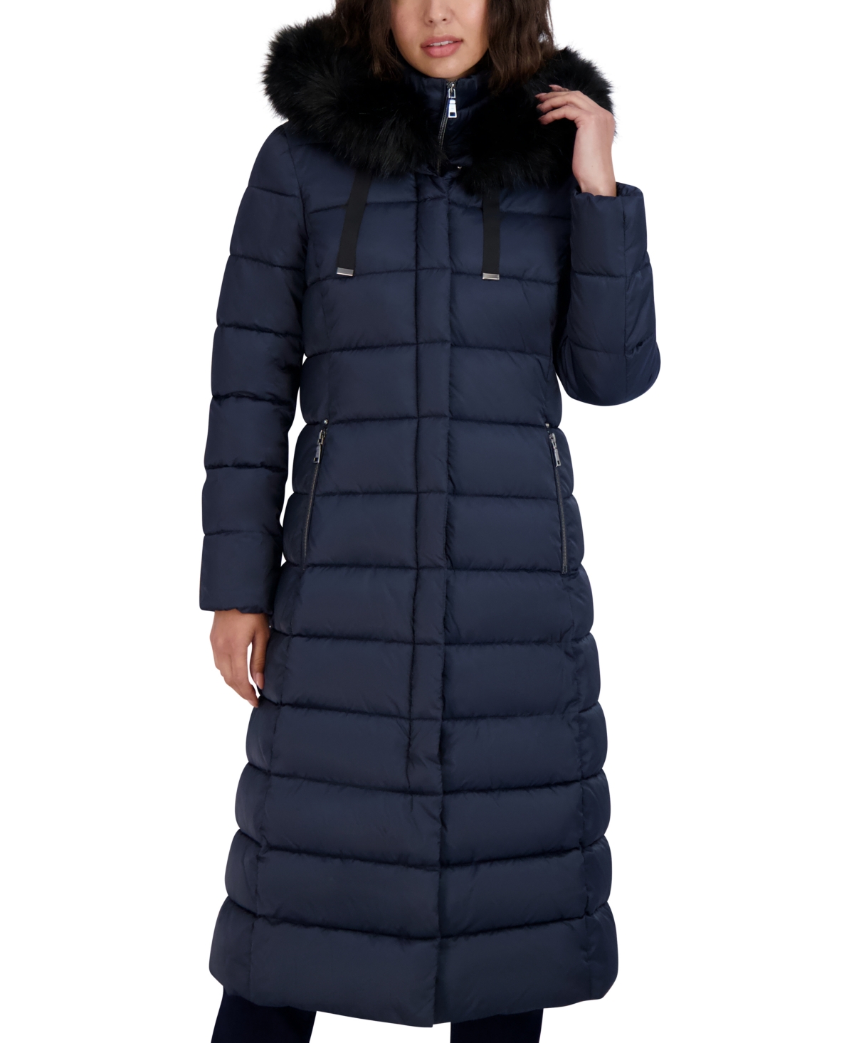 Tahari Womens Maxi Shine Bibbed Faux-fur-trimmed Hooded Puffer Coat