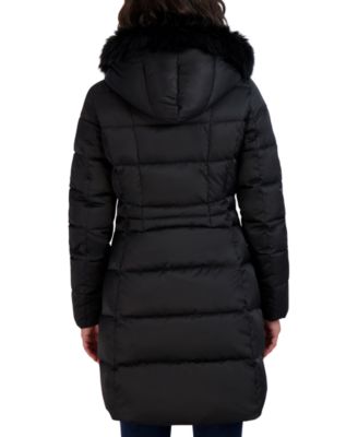 Womens Velvet Bibbed Faux-Fur Hooded Puffer Coat