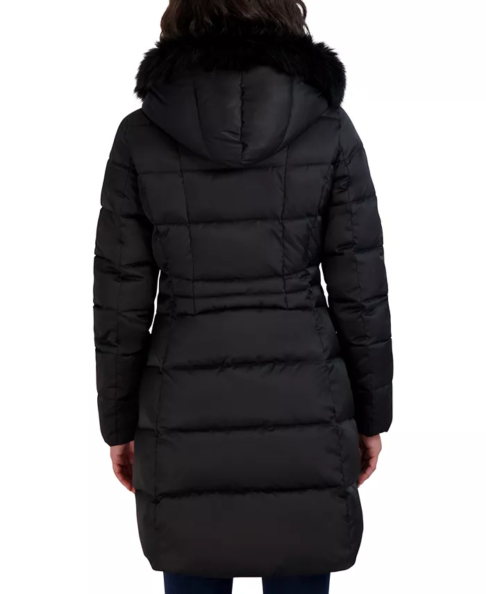 Womens Velvet Bibbed Faux-Fur Hooded Puffer Coat - thumbnail 2