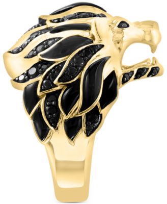 EFFY&reg; Men's Black Spinel & Enamel Lion Ring in 14k Gold-Plated Sterling Silver