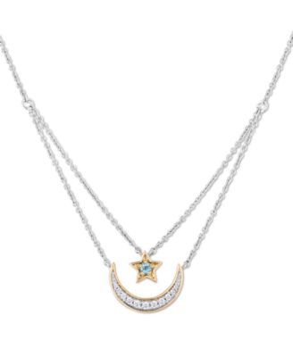Enchanted Disney Fine Jewelry - Swiss Blue Topaz (1/10 ct. t.w.) & Diamond (1/6 ct. t.w.) Jasmine Star & Moon Layered Pendant Necklace in Sterling Silver & 14k Gold, 16" + 2" extender