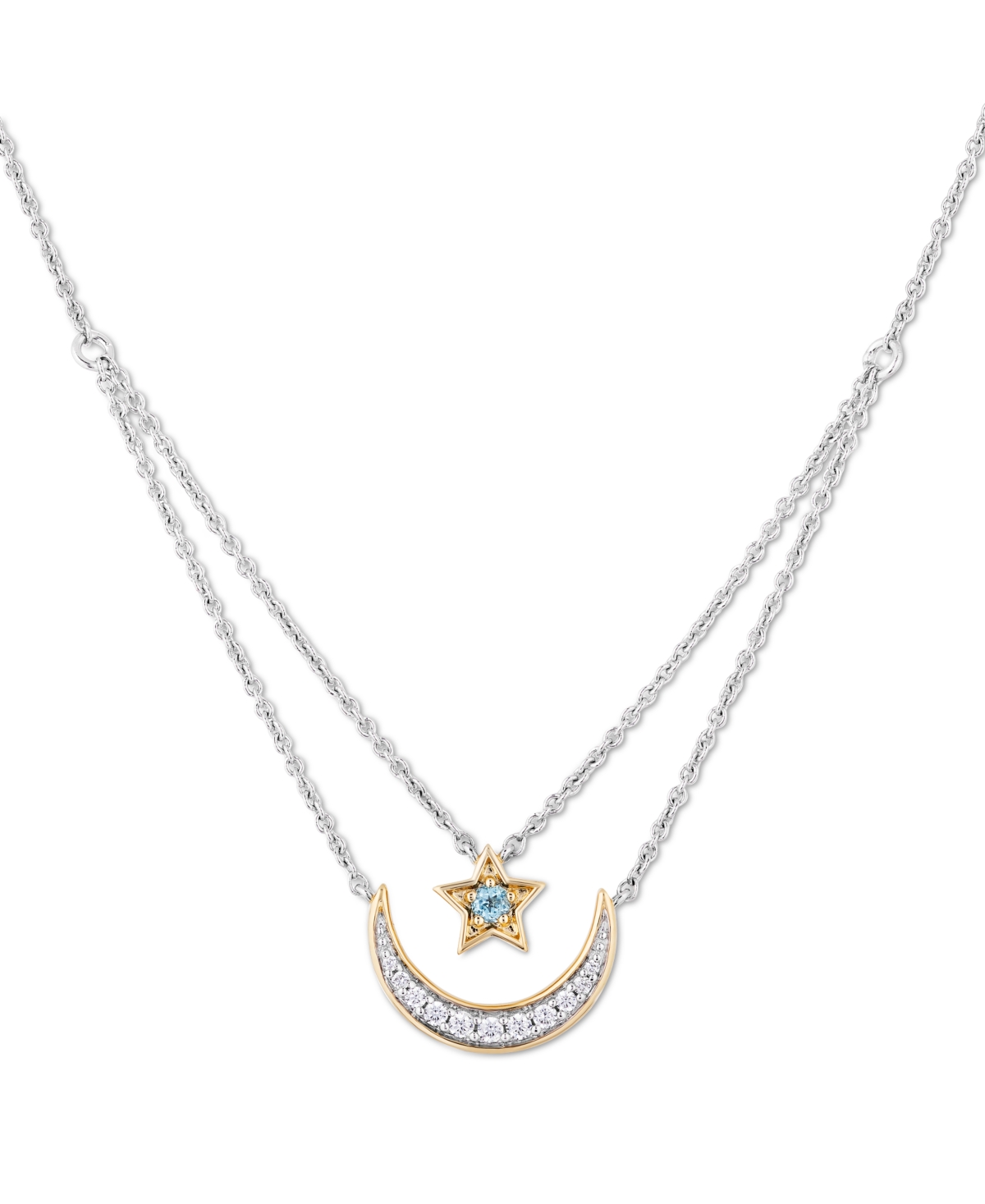 Enchanted Disney Fine Jewelry Swiss Blue Topaz (1/10 ct. t.w.) & Diamond (1/6 ct. t.w.) Jasmine Star & Moon Layered Pendant Necklace in Sterling Silver & 14k Gold, 16" + 2" extender