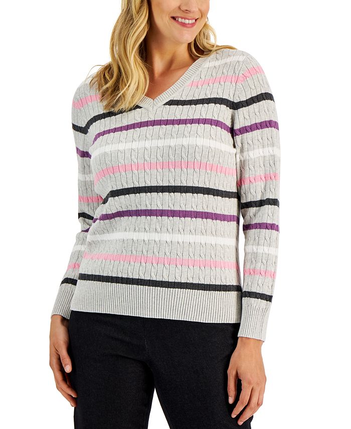 Karen Scott Women's Allston Cotton Striped Cable Sweater, Created for ...