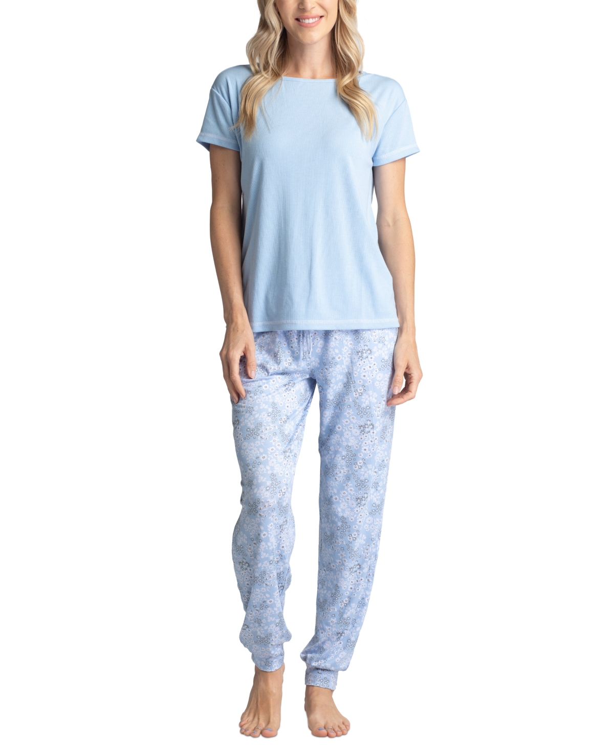 Muk Luks Women's Ribbed Crewneck & Printed Jogger Pajama Pants Set In Blue Poppies