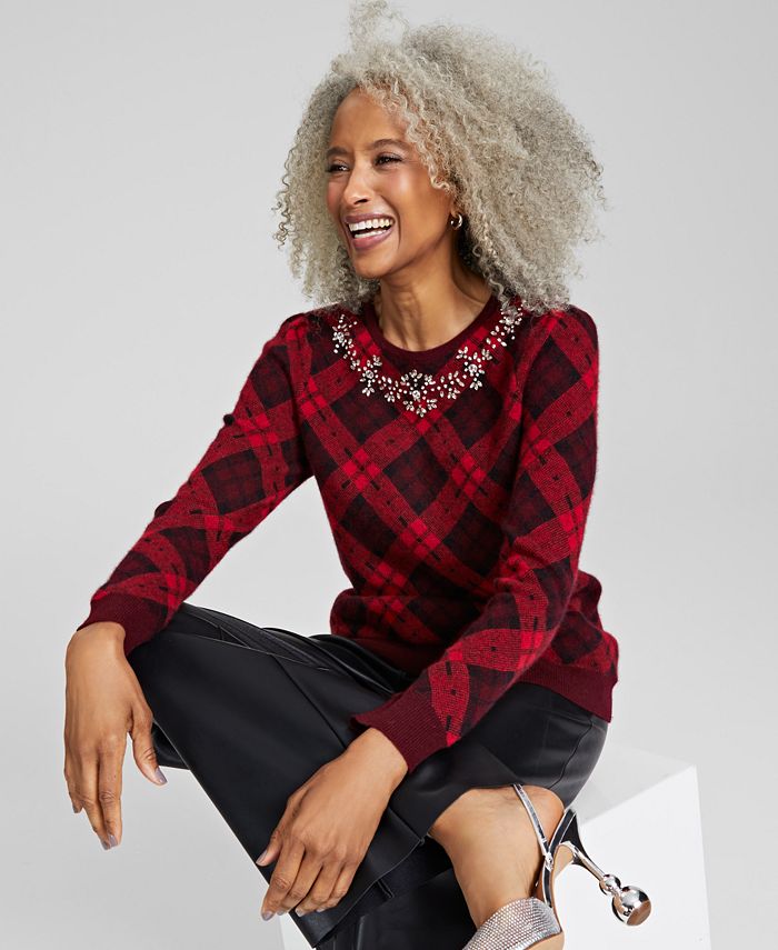 Charter Club Women's 100% Cashmere Embellished Plaid Sweater, Created for  Macy's - Macy's