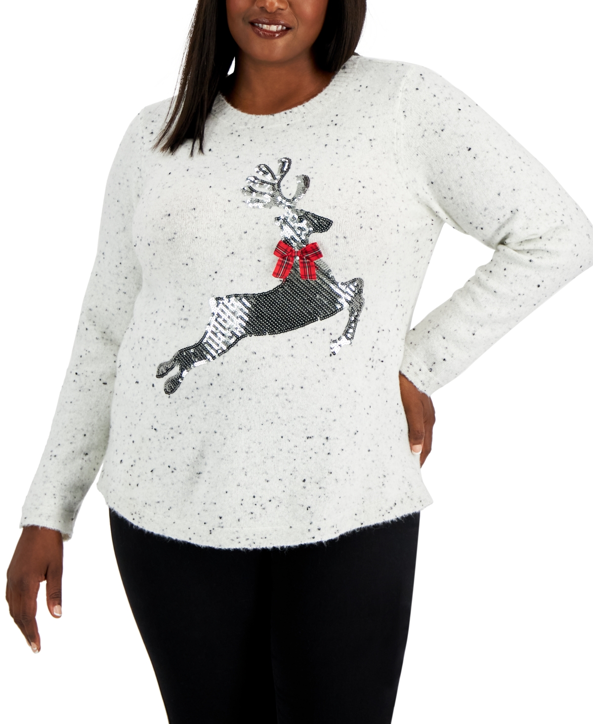 Plus Size Sequined Reindeer Sweater, Created for Macy's - Winter White Neps