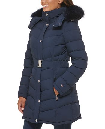 Tommy Hilfiger Women's Belted Faux-Fur-Trim Hooded Puffer Coat, Created for - Macy's
