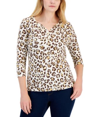 Karen Scott - Women's Leopard-Print 3/4-Sleeve Henley Top
