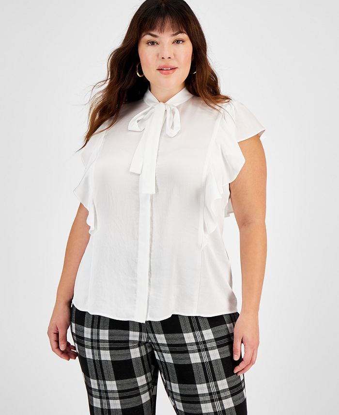 Bar III Plus Size Tie-Neck Ruffle-Sleeve Blouse, Created for Macy's ...