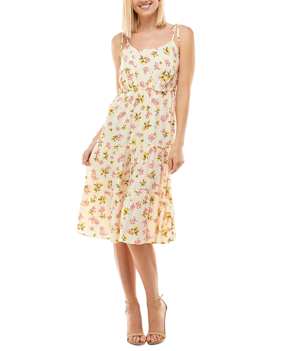 Juniors' Smocked Tiered Dress - Cream/Pink/Yellow