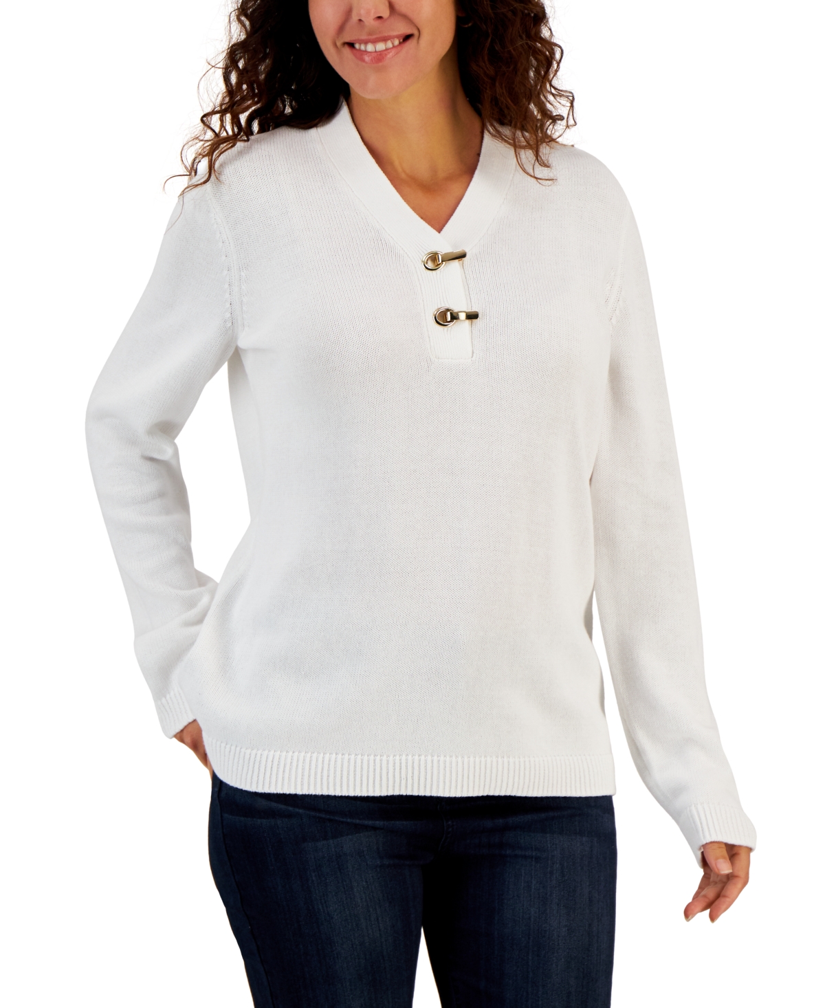 Women's Hardware Cotton Henley Top, Created for Macy's - Winter White