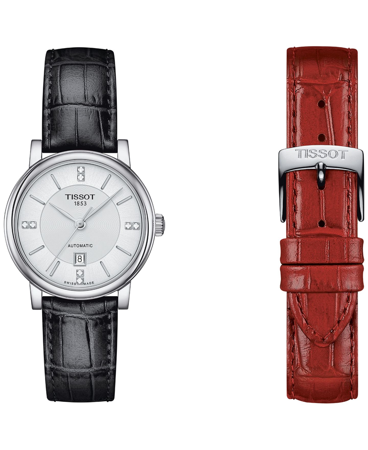 Женские часы Tissot Swiss Automatic Carson Premium Lady Diamond Accent Black Leather Strap Watch 30mm — фото 6