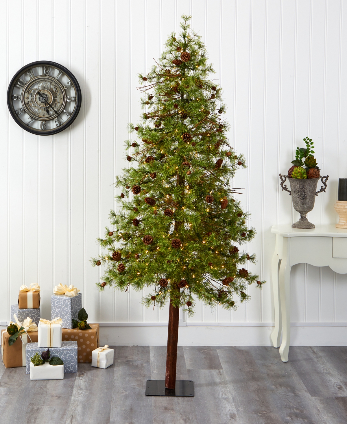Wyoming Alpine Artificial Christmas Tree with Lights and Pinecones on Natural Trunk,