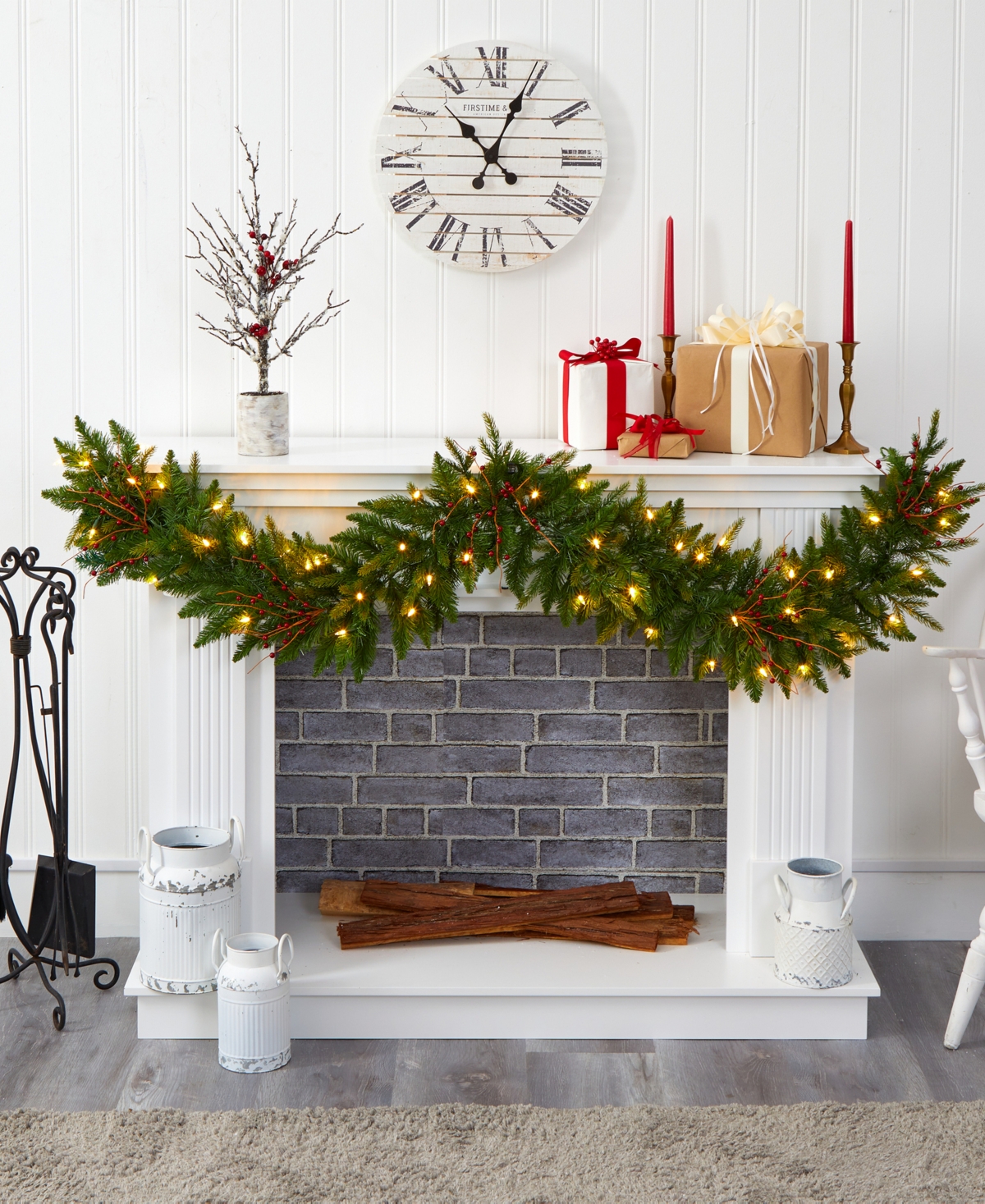 Christmas Pine Artificial Garland with Lights and Berries,