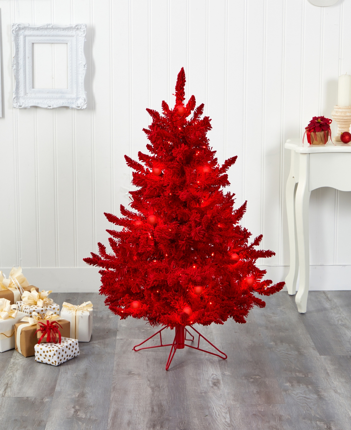 Flocked Fraser Fir Artificial Christmas Tree with Lights, Globe Bulbs and Bendable Branches,