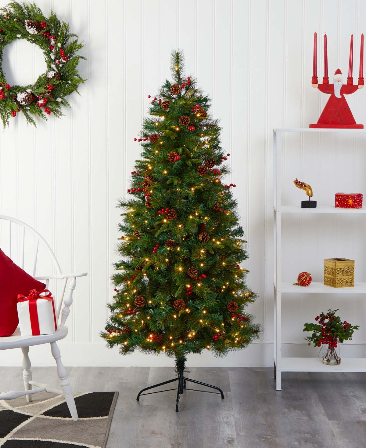Mixed Pine Artificial Christmas Tree with Lights, Pinecones and Berries,