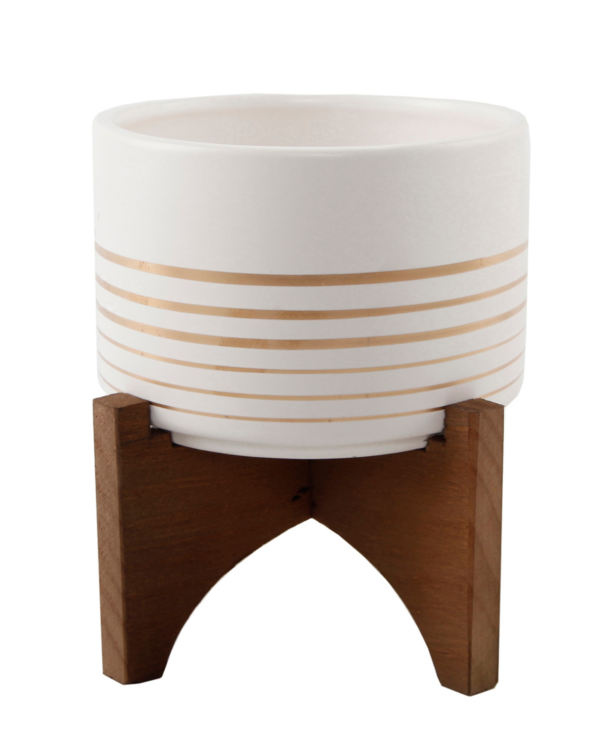 Ceramic Planter on Wood Stand, 5.5" - White and Gold-Tone