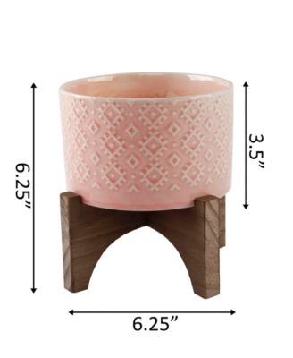 India Ceramic Planter on Wood Stand, 6.25"