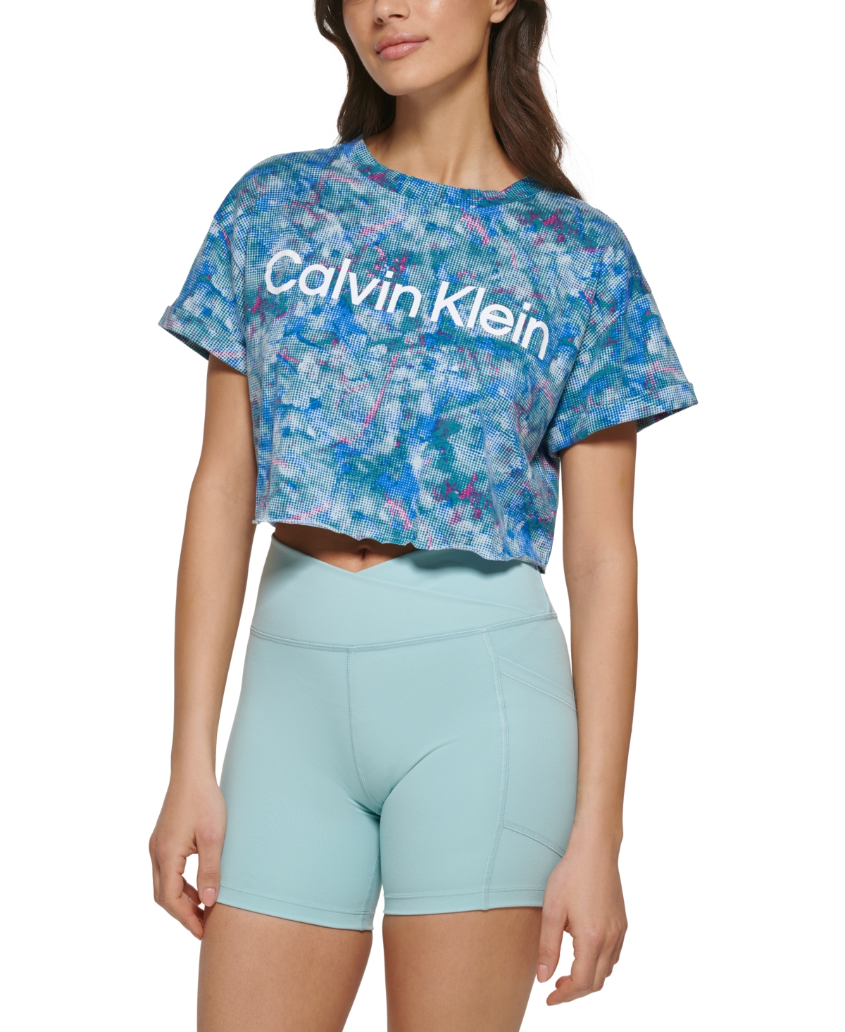 Calvin Klein Performance Women's Logo Marble-Print Cropped T-Shirt