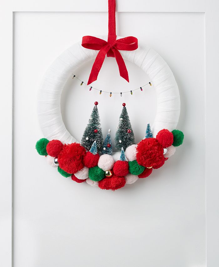 Christmas Wreath Large Pom Poms Red White Gray 16” Handmade