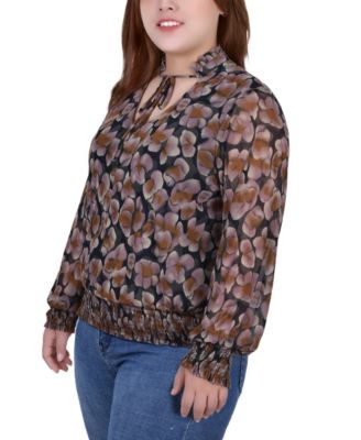 Plus Size Long Sleeve Tie Front Mesh Blouse