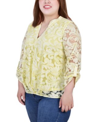 Plus Size Long Sleeve Burnout Y-Neck Blouse