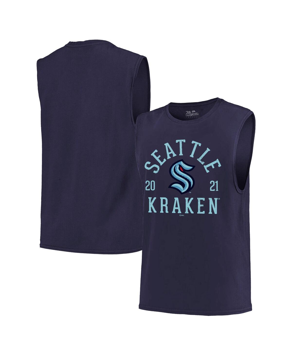 Men's Majestic ThreadsSeattle Kraken Softhand Muscle Tank Top - Deep Sea Blue