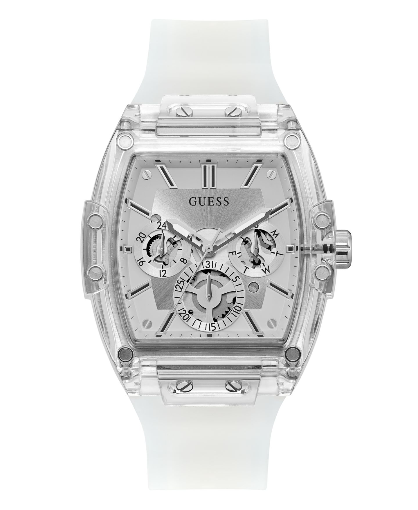 Мужские часы GUESS Multi-Function Transparent and Silver-Tone Silicone Strap Watch 43mm — фото 1