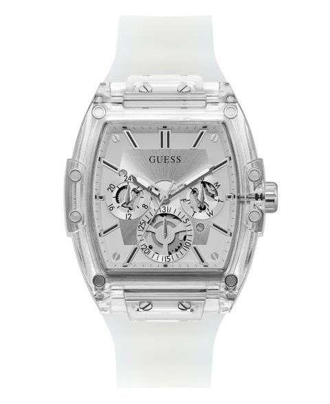 Мужские часы GUESS Multi-Function Transparent and Silver-Tone Silicone Strap Watch 43mm
