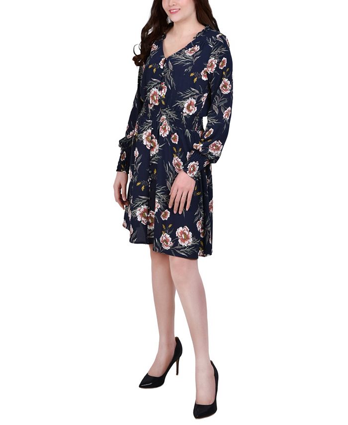 NY Collection Women's Long Sleeve V Neck Dress with Smocked Cuffs and ...