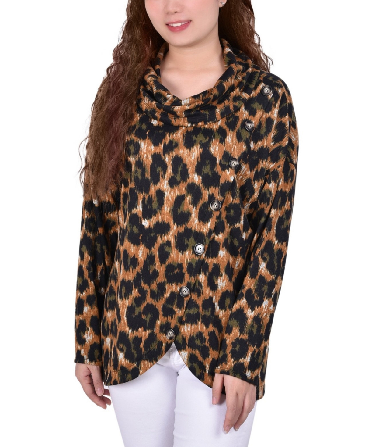 Ny Collection Women's Long Sleeve Knit Cowl Neck With Crossover Styling Top In Brown Leo Stroke